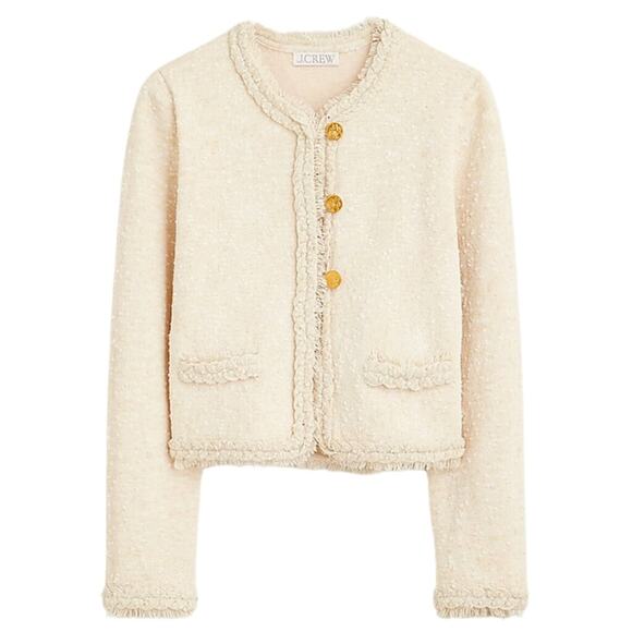 J.Crew Cream Bouclé Fringe Sweater Jacket 2X NWT Gold Button Blazer - Picture 3 of 8